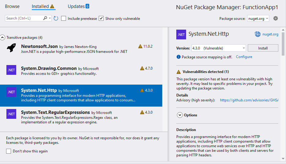 Visual Studio Nuget Show vulnerable