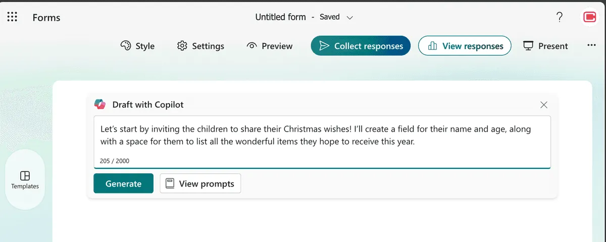 Microsoft Form Prompt: Let’s start by inviting the children to share their Christmas wishes! I’ll create a field for their name and age, along with a space for them to list all the wonderful items they hope to receive this year.