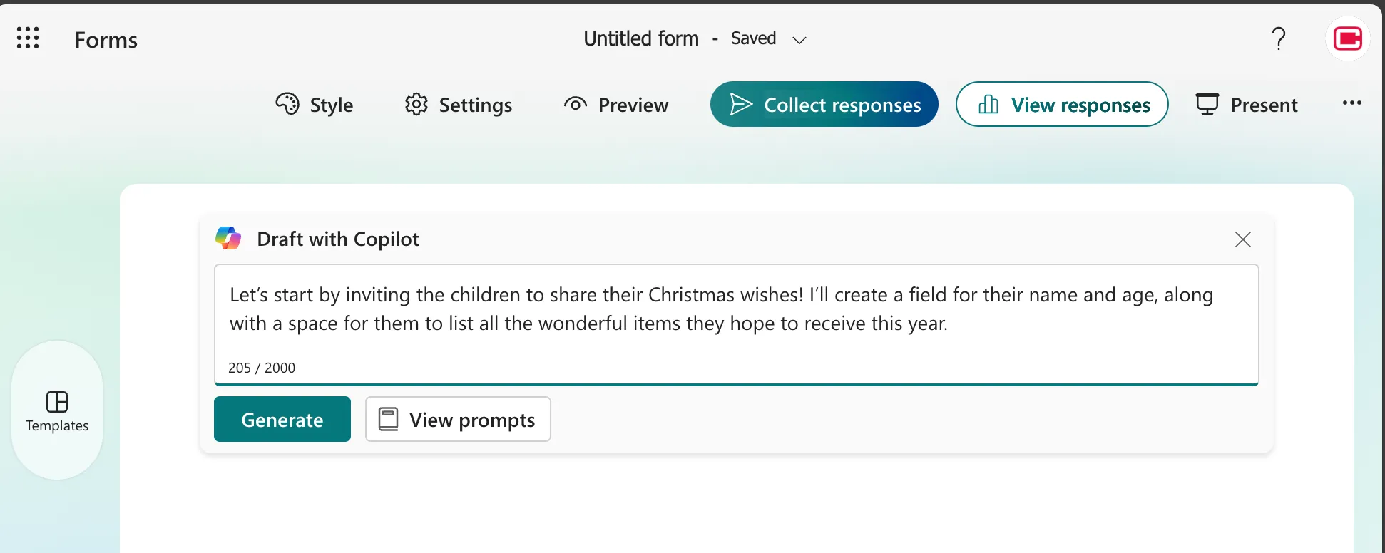 Microsoft Form Prompt: Let’s start by inviting the children to share their Christmas wishes! I’ll create a field for their name and age, along with a space for them to list all the wonderful items they hope to receive this year.