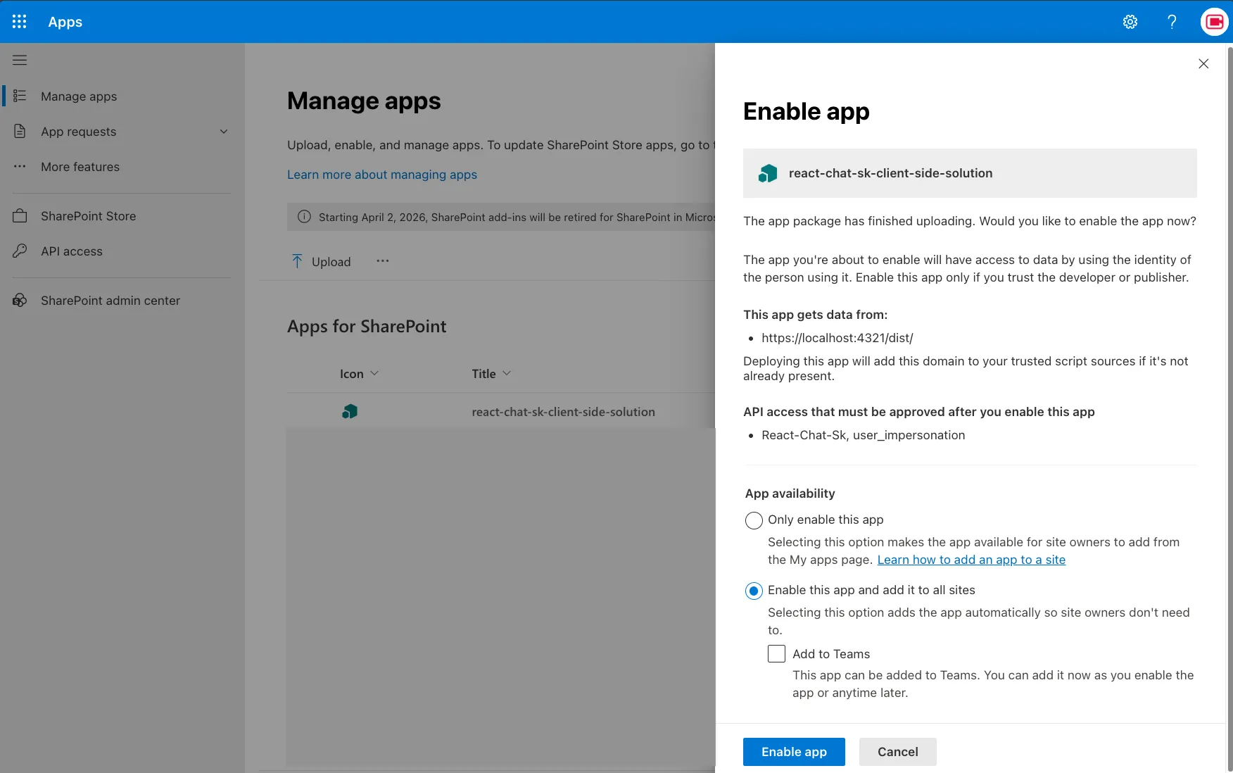 Enable app in App Catalog