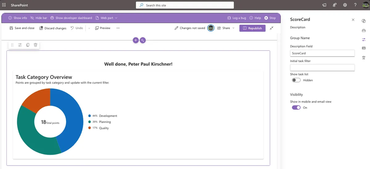 SPFx Webpart running with the developer toolbar