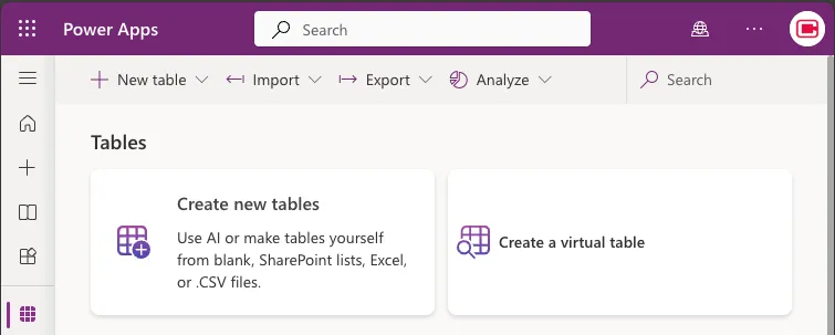 Power Apps Tables