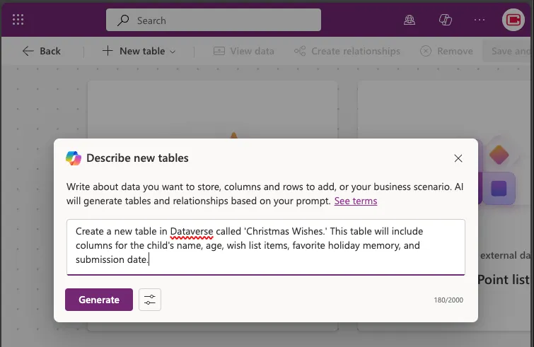 Power Apps Table generation Copilot