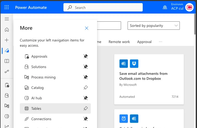 Power Automate Open Tables