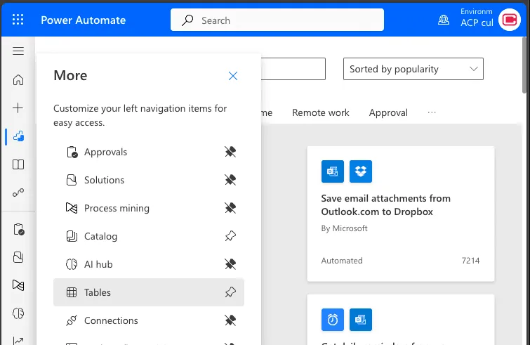 Power Automate Open Tables