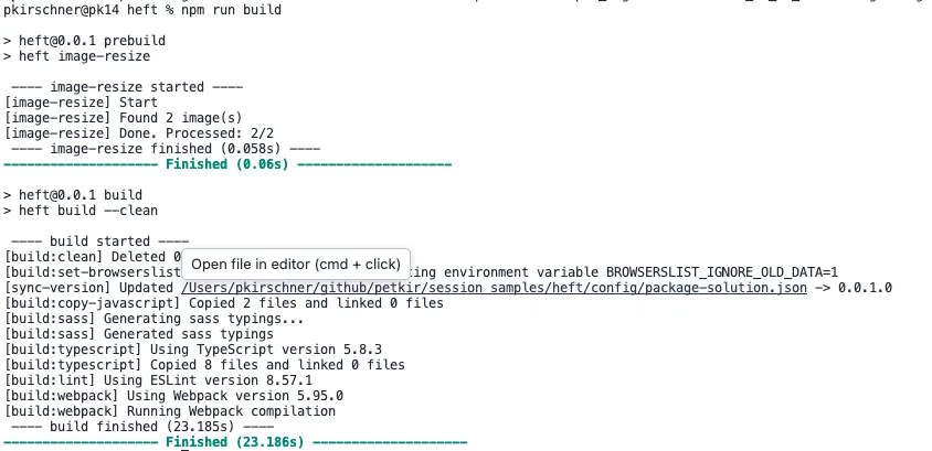 npm build with prebuild hook commandline output