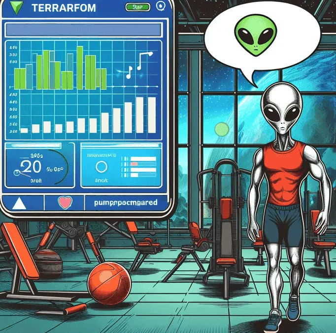 an alien in a gym and a screen terraform